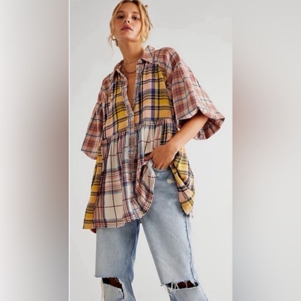 NEW Free People Moon Bay mix plaid Top